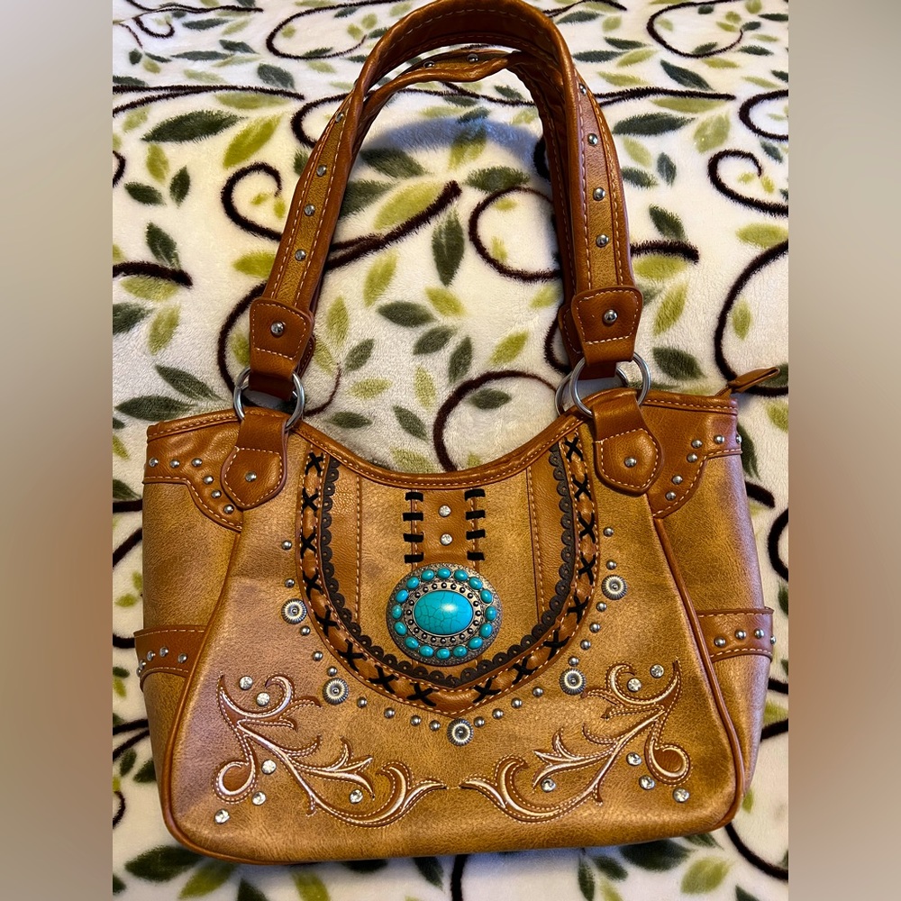 Sable brown western style purse with turquoise and silver accents